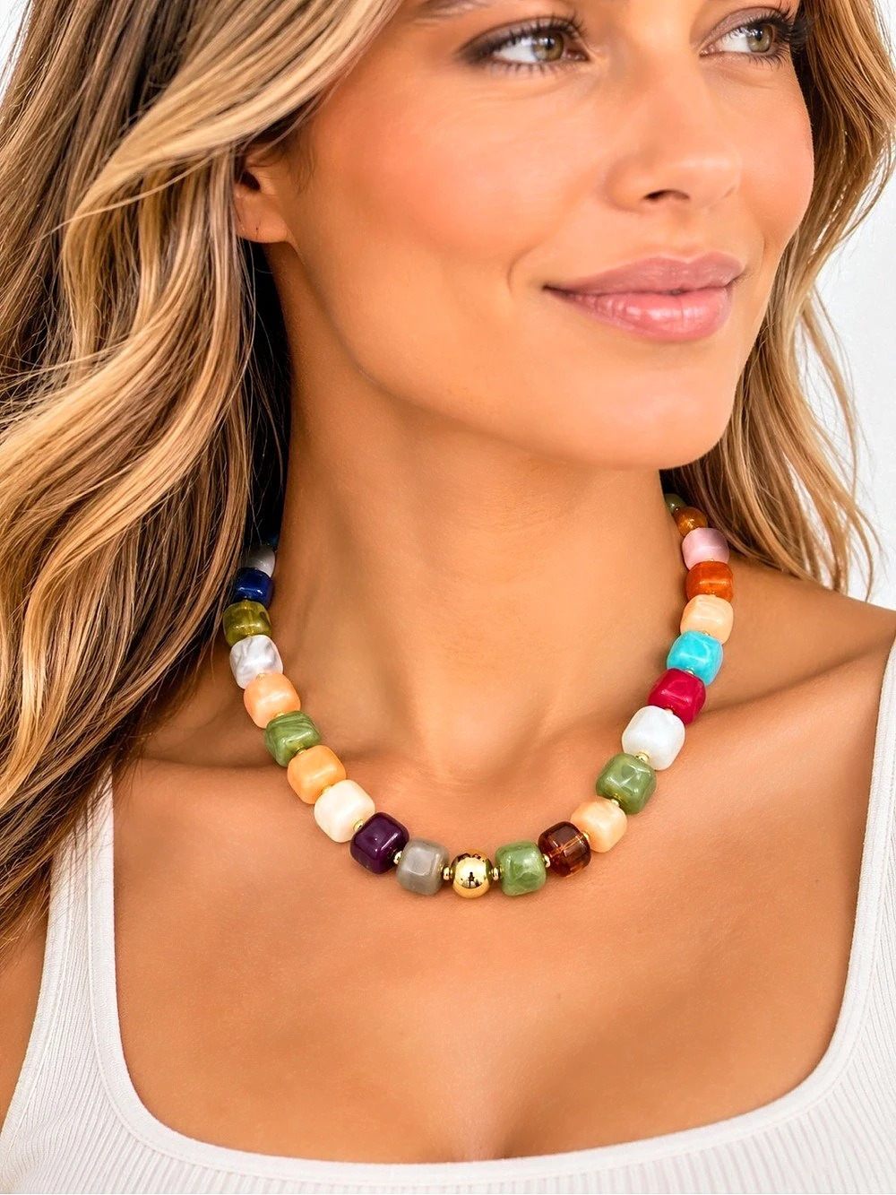 Mayamar BOHO chunky Multicolor bead & Gold necklace